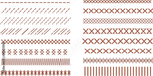 Brown embroidery and sewing stitches as decorative lines