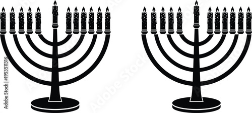 Hanukkah menorah silhouettes, nine lit candles, Jewish holiday Hanukkiah, shamash flame, striped and dotted candles, Judaica art, festive tradition