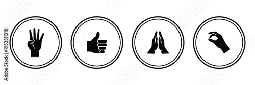 Hand Gesture Icon Set in Circular Frames – Modern Line and Solid Glyph Icons Collection Featuring Like, Dislike, Peace, Prayer and Pointing Hand Symbols for UI, Apps and Web Design