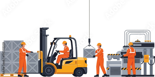 Warehouse workers managing logistics with machinery