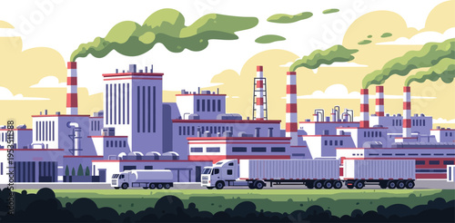 Industrial complex with smoking chimneys and trucks