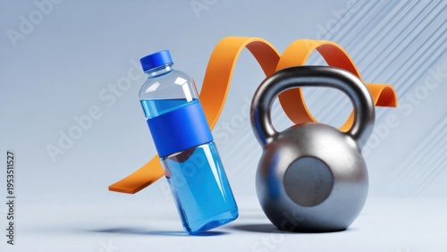 Fitness Equipment and Water Bottle for Healthy Lifestyle and Exercise Routine in Modern Gym Setting with Motivational Background