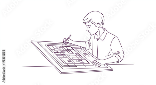 Man working on large drawing board.