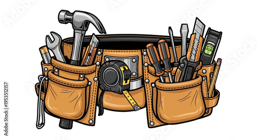 Leather tool belt with tools.