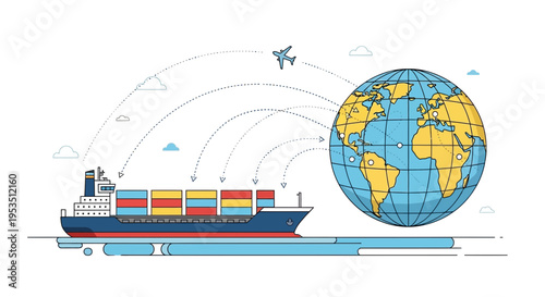 Global Shipping Logistics: Container Ship Navigating World Map
