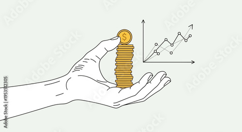 Hand holding stack of coins with financial growth chart illustration