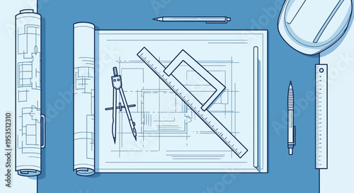 Blueprint drafting tools on desk.