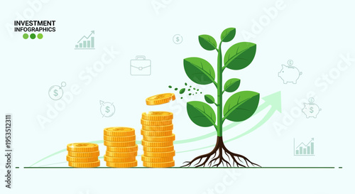 Growing Investment Plant with Coins, Financial Growth Infographic