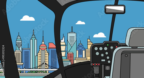 Helicopter cockpit view of modern city skyline, aerial perspective