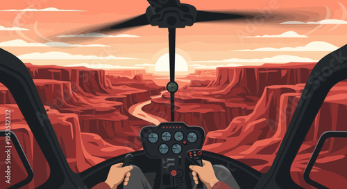 Helicopter cockpit view flying over Grand Canyon at sunset, adventure travel