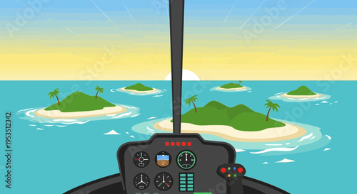 Helicopter cockpit view of tropical islands at sunset, aerial perspective