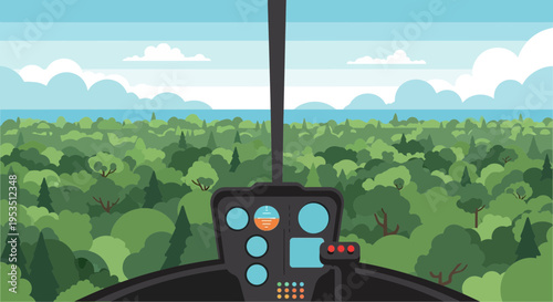 Helicopter cockpit view over lush green rainforest canopy and ocean horizon