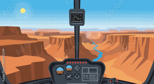 Helicopter cockpit view over Grand Canyon, Arizona, USA, aerial perspective