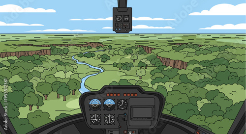 Helicopter flight over lush green landscape, river, and countryside