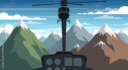 Helicopter cockpit view over majestic mountain range, cartoon style