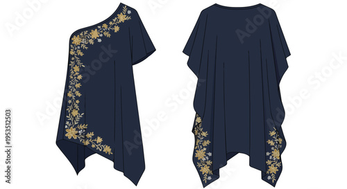 A stunning navy blue asymmetrical one-shoulder tunic featuring exquisite golden floral embroidery, a contemporary and elegant apparel design flat