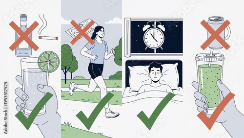 Healthy Lifestyle Choices Illustrated with Tips for Wellness, Exercise, Hydration, and Sleep Habits in a Modern Design