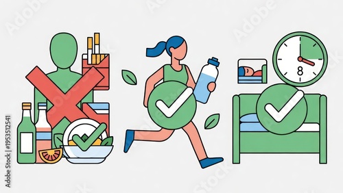 Healthy Lifestyle Choices Illustration Showing Exercise, Nutrition, and Rest for Better Well-being and Fitness