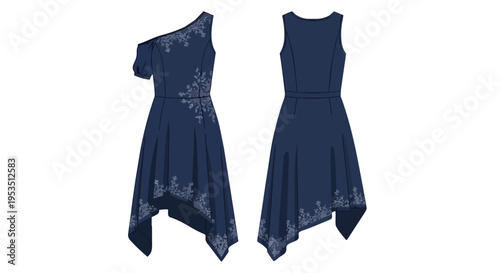 Elegant navy blue asymmetrical dress with delicate floral embroidery design a modern one shoulder garment fashion illustration perfect for stylish