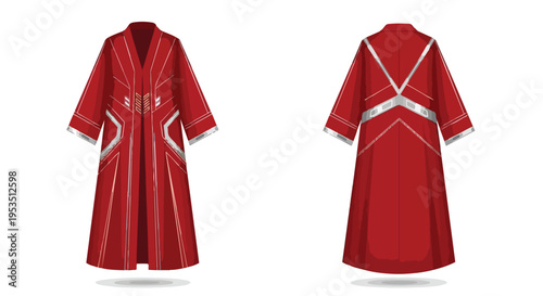 Vibrant red elongated garment showcasing intricate silver geometric accents from both front and rear views an artistic ceremonial or futuristic