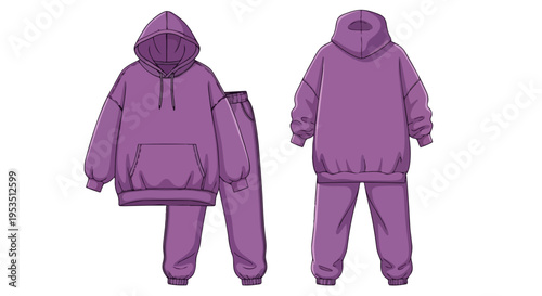 Comfortable oversized purple hoodie and matching jogger pants illustrated in front and back. This athleisure set features a front pocket, perfect