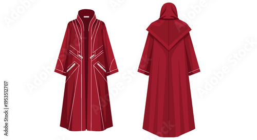Stylized red futuristic long coat and hooded cloak vector illustration set