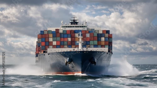 A container cargo ship navigates through a turbulent sea under stormy skies. The concept of global trade challenges, maritime resilience, and the power of nature. Generative ai.