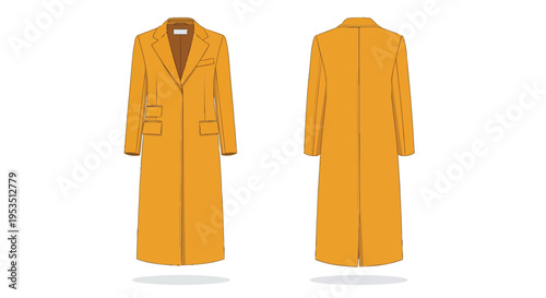 A sophisticated amber long coat presented in a clean fashion illustration, showcasing both front and back views for versatile apparel design and