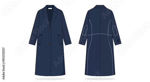 Flat sketch of a classic navy long coat, elegant professional outerwear garment design with front and back views displayed showcasing timeless