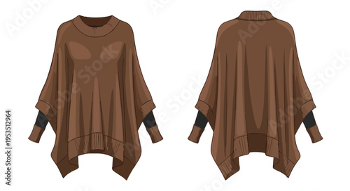Fashion illustration of a stylish brown loose-fitting poncho or cape with ribbed collar and asymmetrical hemline front and back views cozy winter
