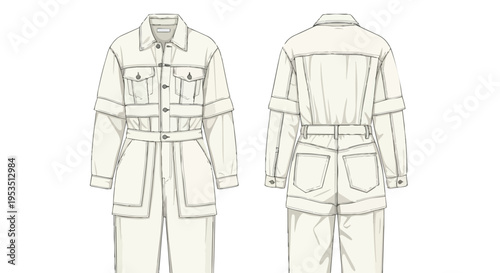 Detailed technical fashion flat sketch illustrating a modern utility jumpsuit design with comprehensive front and back views for apparel pattern