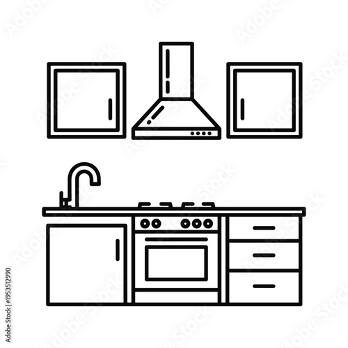 Kitchen Appliance Line Icon Set: Stove, Sink, Hood, Cabinets, Drawers