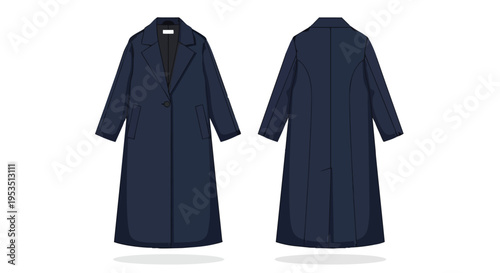 Flat illustration of a versatile navy blue long coat, presenting both front and back views for contemporary fashion design visualization purposes