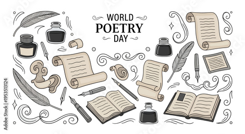 Illustration of World Poetry Day celebration with vintage writing tools, scrolls, and books on a white background, conveying a literary arts concept.