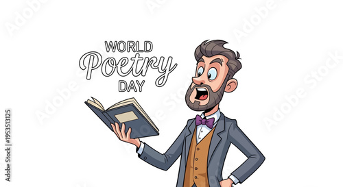 Cartoon illustration of a smiling man in a suit holding a book on World Poetry Day with a celebratory mood.