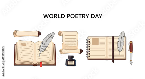 Vector illustration of World Poetry Day celebration with vintage writing tools and books on white background.
