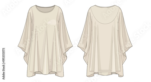 Fashion design technical flat drawing of a women's beige flowing tunic top showing front and back views for apparel pattern making and development
