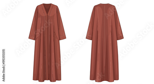 Elegant minimalist flowing long robe in warm terracotta hue, front and back views showcased