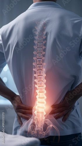 Medical illustration of human spine highlighting lower back pain area.