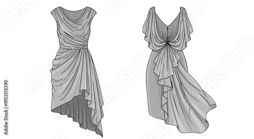 Elegant draped fashion illustration featuring a sophisticated asymmetrical cocktail dress design front and back views