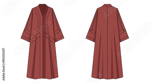 Contemporary loose-fitting reddish-brown open front women's long robe with stylized geometric line details on broad sleeves fashion design template