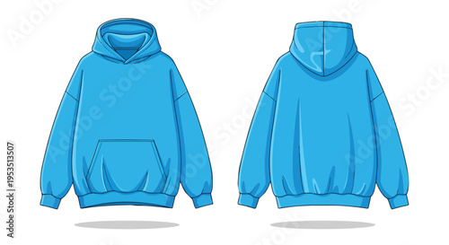 Minimal vector graphic of an oversized light blue hooded sweatshirt. Clearly presents both front and back views. Excellent for clothing mockups and