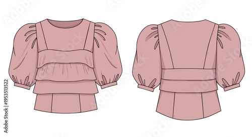 Elegant dusty rose tiered ruffle blouse flat sketch with voluminous puff sleeves square neckline and detailed back strap fashion design illustration