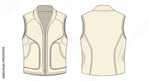 Technical flat illustration of a unisex sleeveless utility vest with detailed front and back views