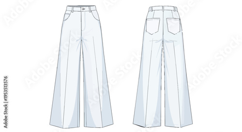 Contemporary wide-leg trousers fashion technical flat illustration presenting both front and back views for apparel design blueprint.