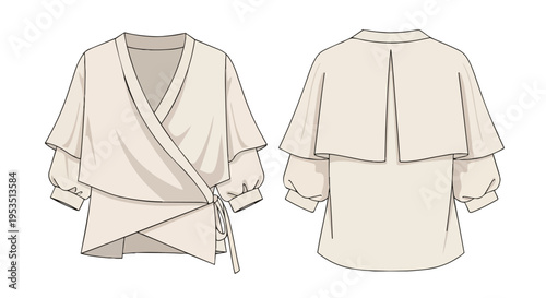 Modern neutral wrap blouse technical flat sketch with voluminous sleeves and back yoke detail