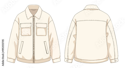 Essential utility jacket technical flat drawing showcasing front and back views for apparel design blueprinting