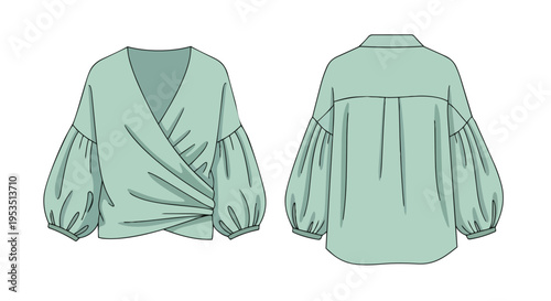 Stylish light green wrap blouse flat sketch with voluminous balloon sleeves and elegant draped front design.