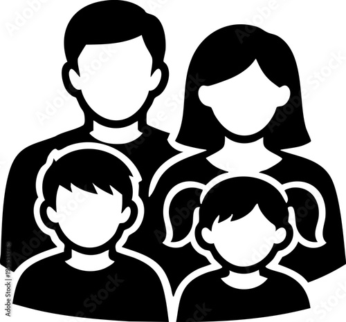 Simple vector illustration of a family with parents and two children, clean silhouette style, ideal for icons, UI, and social themes.