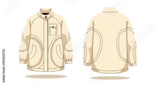 Stylish minimalist beige unisex outerwear garment with unique curved stitching details presented in front and back views for contemporary fashion
